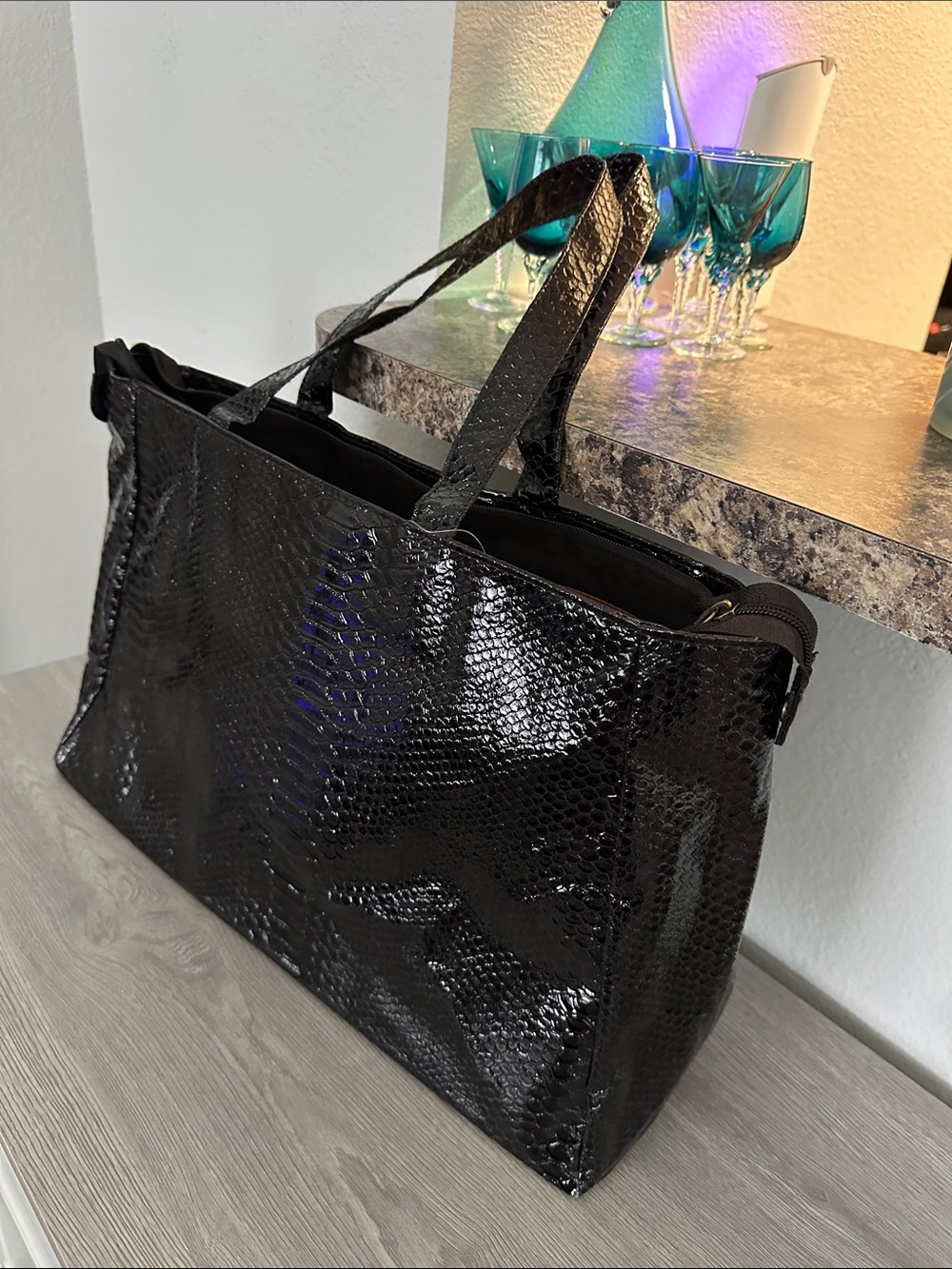 Jessica Simpson Sleek Black Patent Snake-Texture Tote Bag